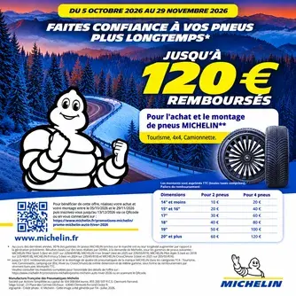 Jusqu'à 120€ pour l'achat et le montage de pneus MICHELIN